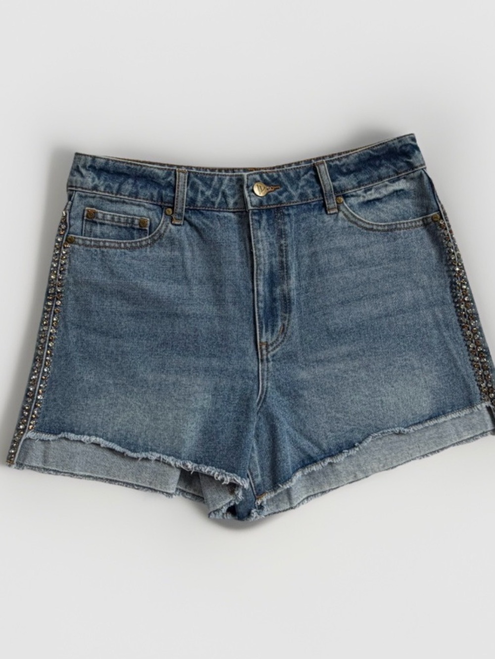 Rhinestone Side Stripe High Rise Distressed Denim Shorts 10 Festival Cowgirl
